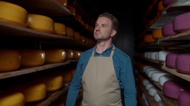 Şten Sonra Koyu Peynir Deposunda Yürüyen Yakışıklı Beyaz Adam Yiyeceklerin — Stok video
