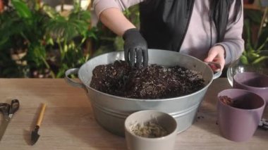 Çalışkan, beyaz bir kadına eldivenle yaklaşıp siyah toprağı karıştırırken aynı zamanda humus ya da metal konteynıra gübre ekliyor. Çiçek ekmeye hazırlanıyorum. Organik tarım. Döllenme kavramı.