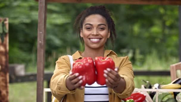 Charmig Afroamerikansk Kvinna Visar Kameran Ekologisk Röd Paprika Matmarknaden Positiv — Stockvideo