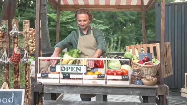 Hermoso Trabajador Caucásico Preparándose Para Vender Verduras Naturales Hierbas Bienes — Vídeo de stock