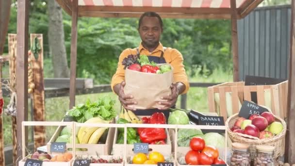 Aproximando Vendedor Afro Americano Trabalhador Propondo Vender Seus Vegetais Orgânicos — Vídeo de Stock