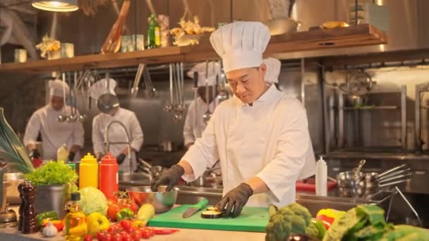 Retrato Chef Asiático Cortando Verduras Cocina Moderna Cocinero Multicultural Profesional — Vídeo de stock