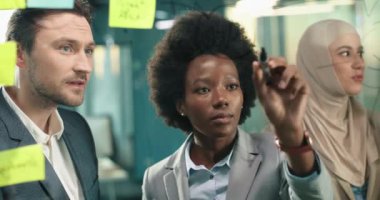 Çalışkan melez yöneticiler başarılı bir iş planı hazırlıyorlar. Güzel bir kadın çıkartmalarla saydam tahtaya yazarken ekip verileri paylaşıyor. Birlikte çalışmak. Strateji kavramı.