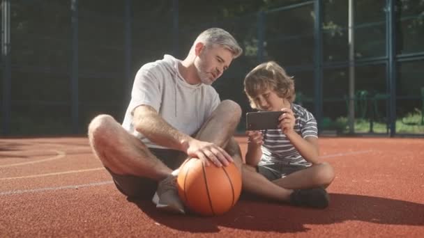 Portrait Father Son Spending Time Together Playing Basketball Dad Little — Stock Video