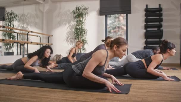 Boční Pohled Multietchic Lidí Dělá Streching Cvičení Rohožích Fitness Studiu — Stock video