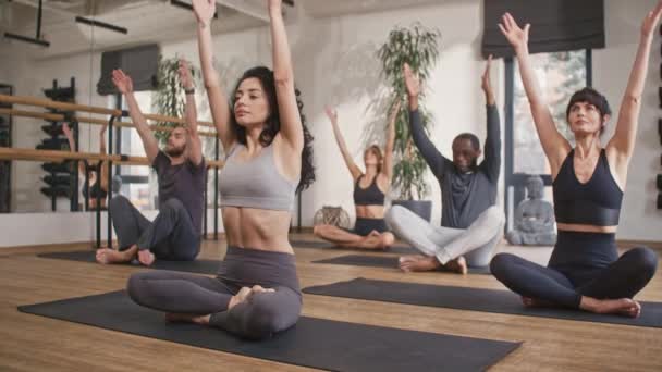Multietniskt Folk Som Sitter Yogamatta Fitnessrummet Fokusering Deras Sinne Och — Stockvideo
