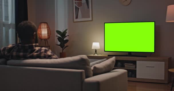 Mann Sitzt Auf Sofa Moderner Wohnung Rückansicht Eines Mannes Der — Stockvideo
