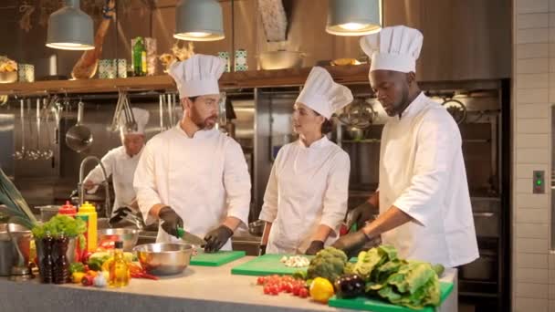 Los Chefs Profesionales Cooperan Para Cocinar Platos Verduras Cocina Comercial — Vídeo de stock