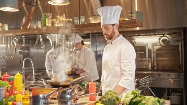 현대적인 요리사는 팬에서 음식을 태우고 레스토랑이나 호텔의 부엌에서 스토브에 식사를 — 비디오