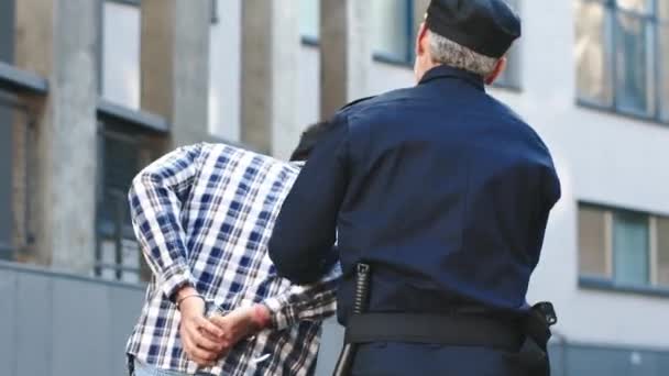 Pohled Zezadu Policista Chytí Zatkne Podezřelého Strážce Zákona Odveze Podezřelého — Stock video