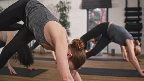 Güzel Kafkas Profesyonel Yoga Eğitmeni Müşterilerine Pasajlarını Gösteriyor Sağlıklarını Iyileştirmek — Stok video