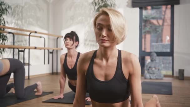 Kısa Saçlı Esneme Egzersizini Tamamlayan Güzel Beyaz Bir Kadının Kamera — Stok video
