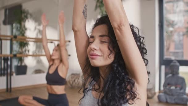Spor Bluz Giyen Güzel Kıvırcık Kızın Portresi Spor Salonunda Pilates — Stok video