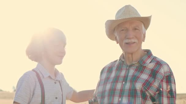 Horizontal Shot Cheerful Senior Man Hugging Boy Happy Grandfather Grandson — Stock Video