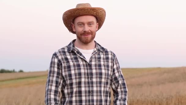 Horizontal Shot Portrait Male Farmer Standing Barley Field Man Wearing — Stock Video