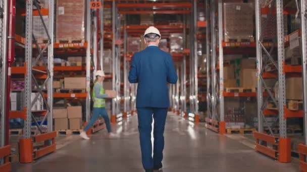 Gerente Andando Longo Estoque Transporte Chefe Empresa Terno Azul Capacete — Vídeo de Stock