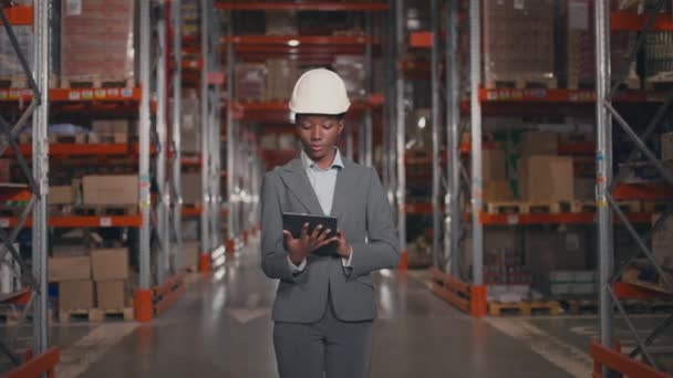 Close Shoot African American Warehouse Worker Female Manager Protective Helmet — Stock Video