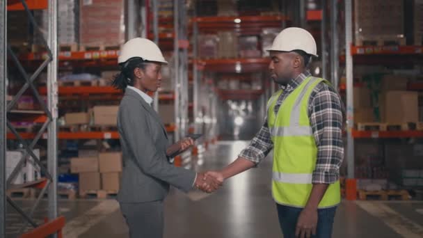 アフリカ系アメリカ人企業の労働者が屋内で取引を行っている 女性マネージャーは 反射ベストの請負業者に手を振ります 倉庫に立っている保護ヘルメットの女性と男性 — ストック動画