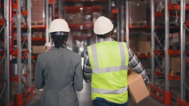 Dva Afroameričtí Průmysloví Dělníci Zezadu Poblíž Vysokých Regálů Krabicemi Manažerka — Stock video