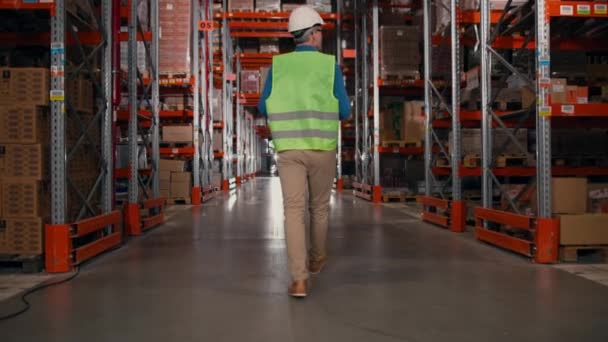 Back View Male Contractor Storage Worker Reflective Vest Protective Helmet — Stock Video
