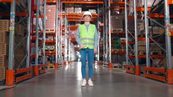 Γυναίκα Χαμογελαστή Υπάλληλος Στέκεται Μεγάλο Διάδρομο Αποθήκευσης Αποθηκάριος Προστατευτικό Καπέλο — Αρχείο Βίντεο