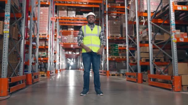 Αφροαμερικάνος Χαμογελαστός Άντρας Στέκεται Στην Αποθήκη Χαρούμενος Εργάτης Προστατευτική Ενδυμασία — Αρχείο Βίντεο
