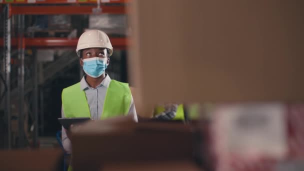 Африканська Американка Полицями Коробками Жінка Працює Складі Жіночий Працівник Зберігання — стокове відео