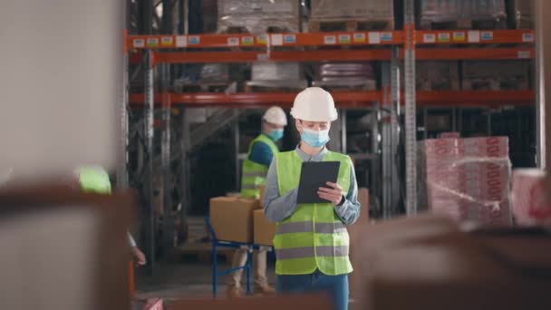 倉庫労働者は複数の層の棚に箱を置きます 作業プロセスを管理する前景の女性ストレージワーカー タブレットを持っている女性と商品の量を計算します ロジスティックエンタープライズ — ストック動画