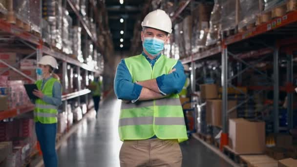 Male Worker Standing Storage Logistic Enterprise Man Industrial Employee Looking — Stock Video
