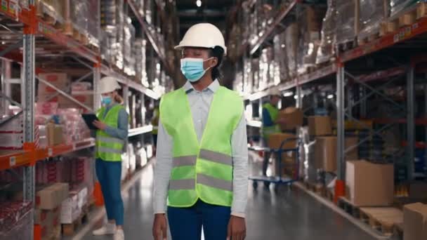 非裔美国女雇员站在大储藏室里 仓库工人戴着防护帽和反光夹克 女承包商看着摄像机 交叉着胳膊 物流公司 — 图库视频影像