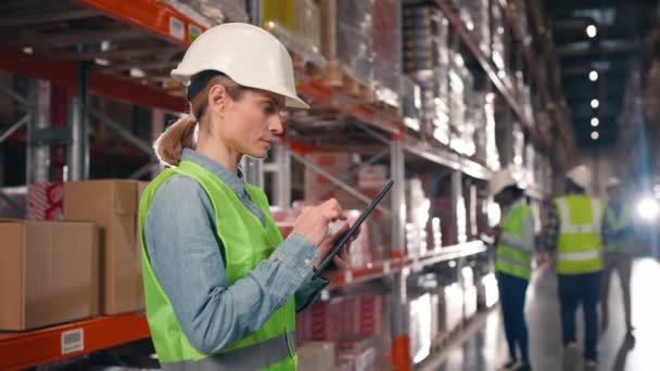 Industrial Worker Using Tablet Warehouse Woman Reflective Jacket Protective Helmet — Stock Video