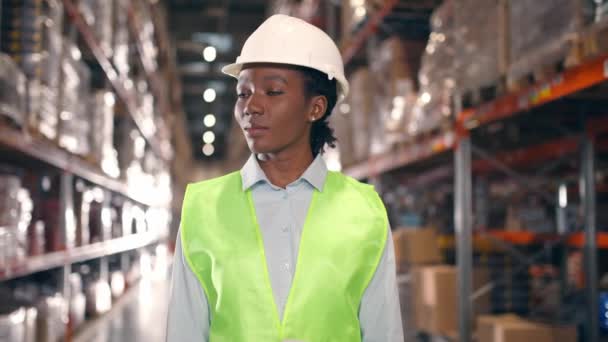 Afroamerikansk Kvinnlig Anställd Som Står Vid Ett Stort Lager Lagerarbetare — Stockvideo