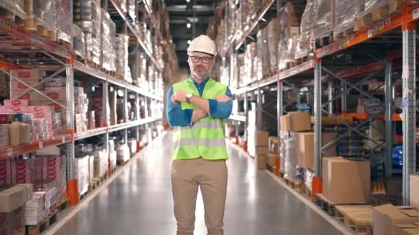 Männliche Arbeiter Lächeln Bei Der Lagerung Von Logistikunternehmen Ein Industrieangestellter — Stockvideo