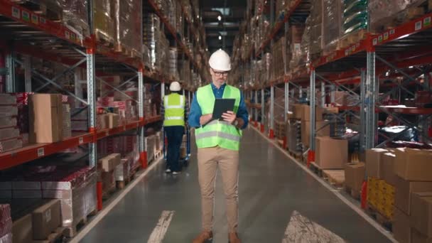 Man Worker Standing Warehouse Industrial Man Helmet Reflective Jacket Storage — Stock Video
