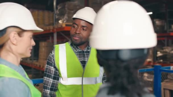 倉庫で会合する複数の労働者 職場の同僚が休憩中にチャット 材料が付いている倉庫の背景の反射器そして堅い帽子の多文化のチーム — ストック動画
