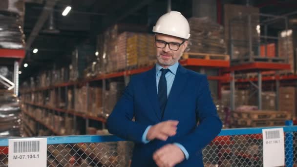 Blanke Magazijnmanager Pak Foreman Opslag Beschermende Helm Mannelijke Logistieke Enterprise — Stockvideo