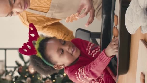Κατακόρυφος Προσανατολισμός Της Φιλικής Οικογένειας Των Αφροαμερικανών Τρώγοντας Νόστιμα Χριστουγεννιάτικα — Αρχείο Βίντεο