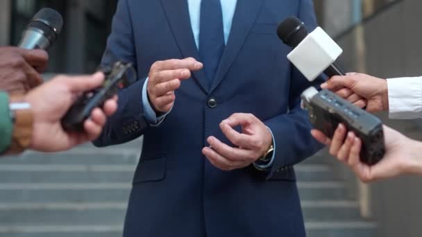 Camera View Man Elegant Blue Suit Showing Hand Gestures Everything — Stock Video