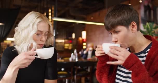 Restoranda Sıcak Kahve Içen Iki Beyaz Bayan Arkadaş Kafede Otururken — Stok video