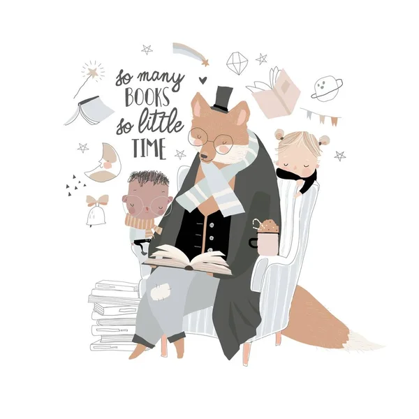 Lindo Libro Lectura Fox Con Little Boy Girl Ilustración Vectorial — Vector de stock