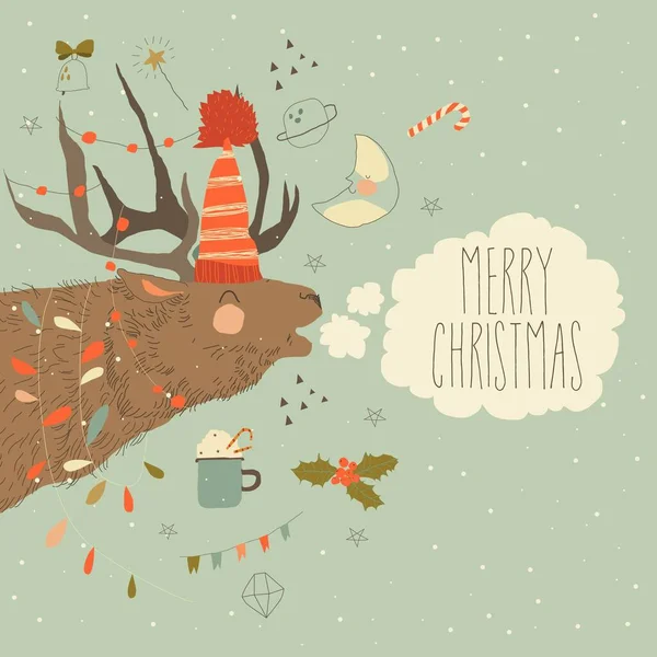 Vector Holiday Illustration Cute Reindeer Wishing Merry Christmas - Stok Vektor