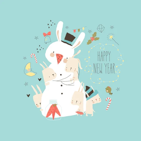 Cartão Ano Novo Vetorial Com Boneco Neve Bonito Abraçando Coelhos —  Vetores de Stock
