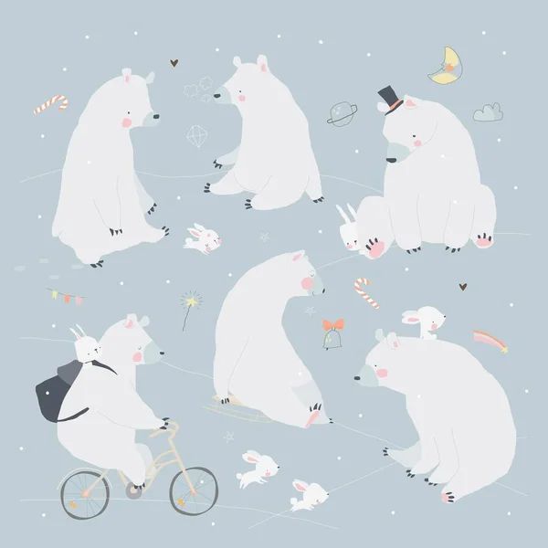 冬日快乐的可爱北极熊和兔子的病媒群 — 图库矢量图片