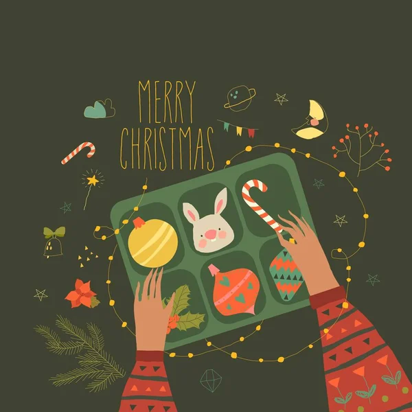 Vector Cartão Natal Feliz Com Mãos Segurando Férias Decorações — Vetor de Stock