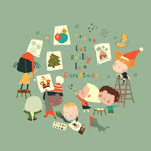 Tecknad Uppsättning Med Barn Gör Sig Redo För Jul Målning — Stock vektor