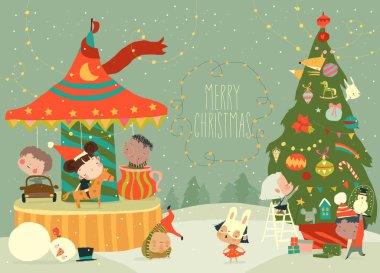 Mutlu Çocuklar Noel Eğlencesi Par 'ında atlıkarıncaya biniyor. Vektör İllüstrasyonu