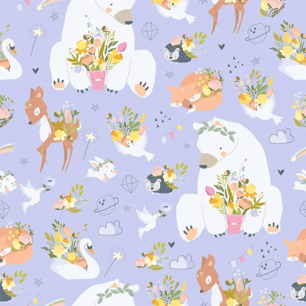 Vector Seamless Pattern Cute Animals Spring Flowers — Stock Vector
