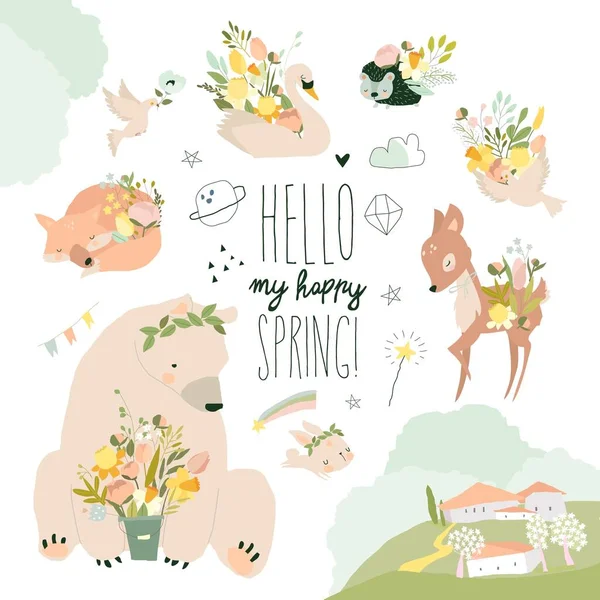 Vektor Készlet Aranyos Állatok Tavaszi Virágok — Stock Vector