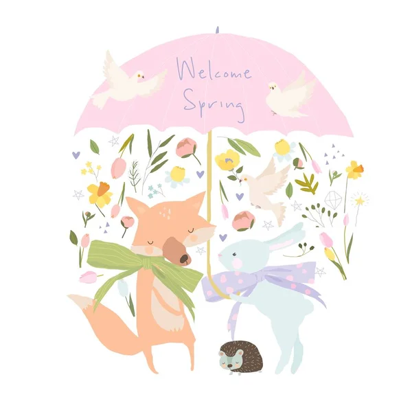 Cute Animals Big Umbrella Meeting Spring Vector Illustration — Stock Vector