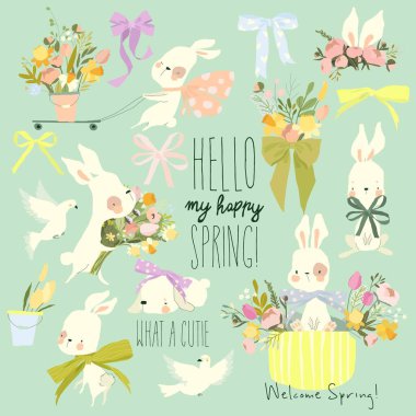 Çiçek ve Fiyonklu Karikatür Bahar Tavşanları. Vektör Ayarları